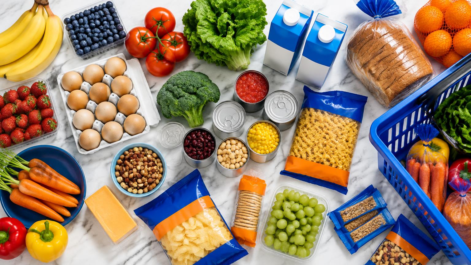 Illustrative flat-lay of discounted groceries, produce, and a shopping basket